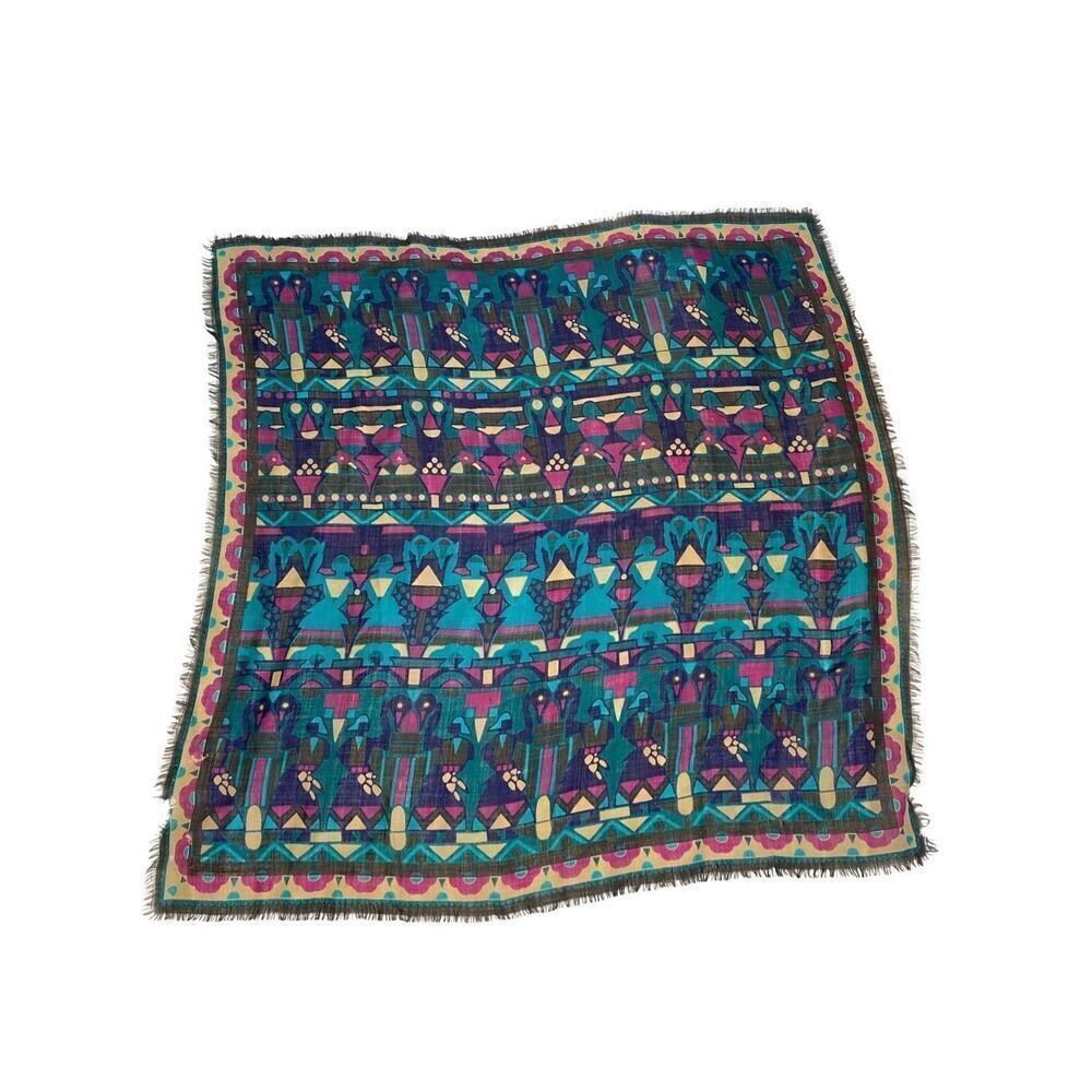 Vintage Acute Multicolor Abstract Geometric Fringe Square Scarf Lightweight
